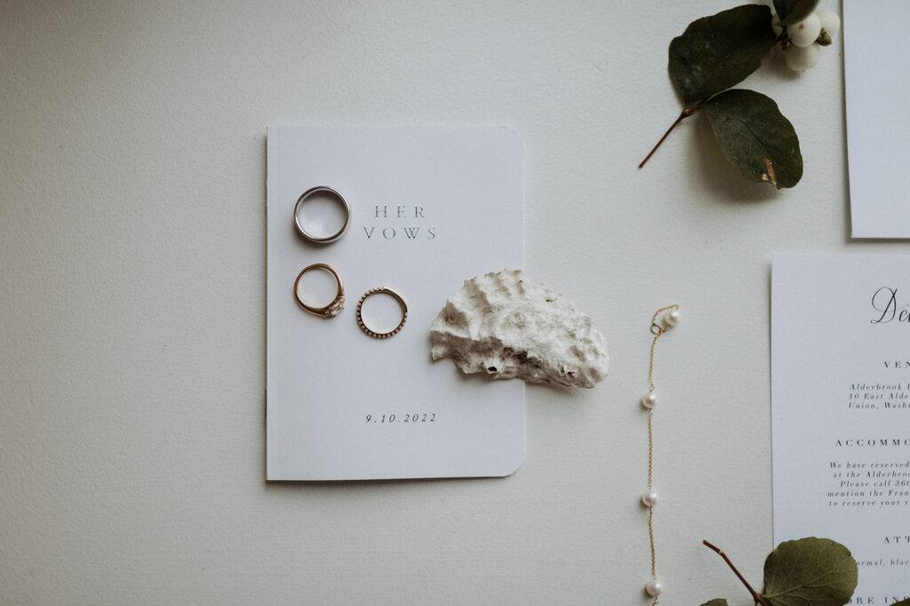 classic wedding details, white invitations with rings and a shell